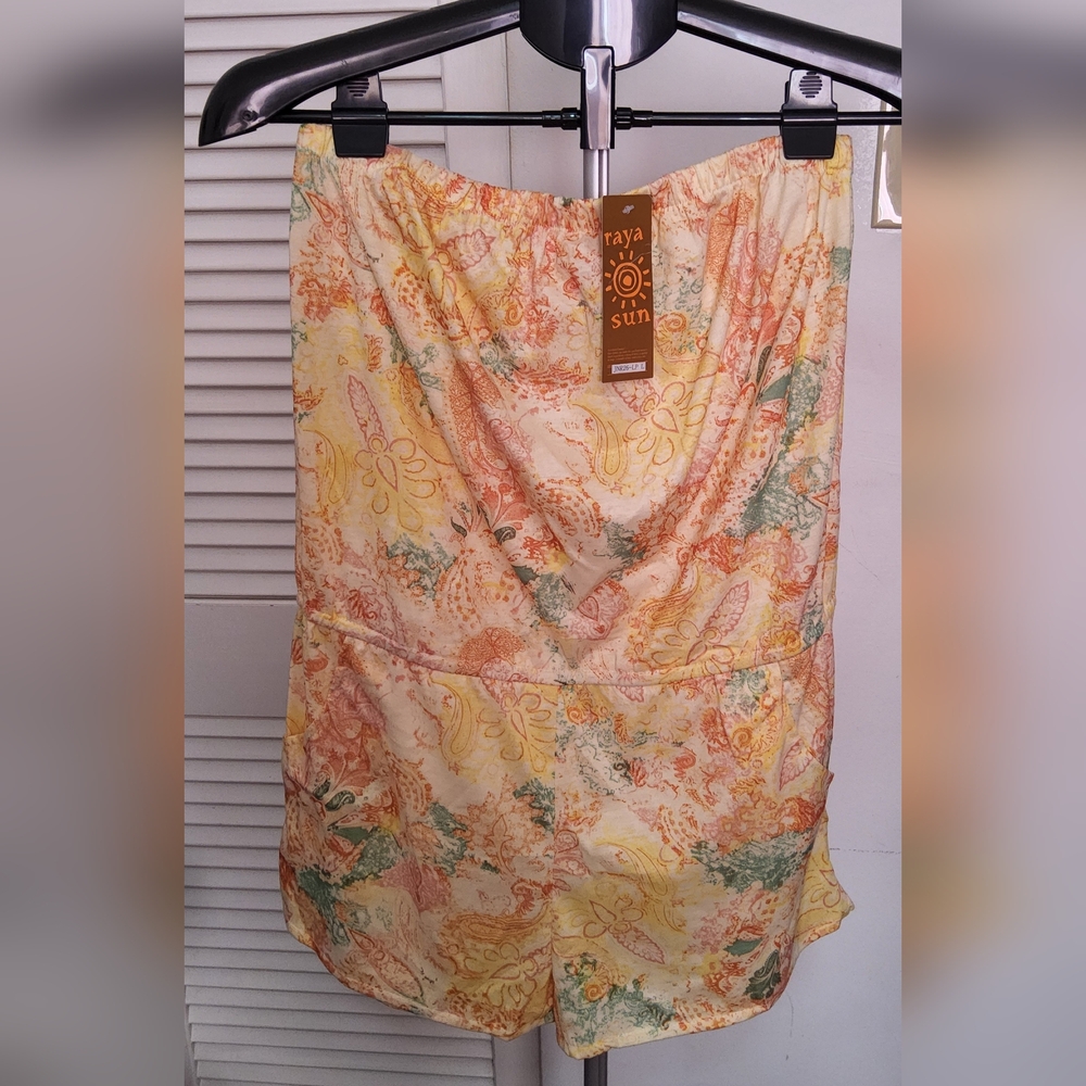 raya sun Floral Print Strapless Romper in Yellow, Peach & Green